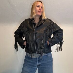Vintage 70s 80s Black genuine Leather fringe moto Jacket cropped large